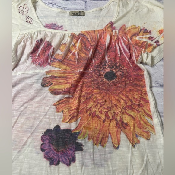 ONE WORLD Fall Cream Short Sleeve Top w/ Orange and Purple Floral Design. Small - Picture 4 of 7